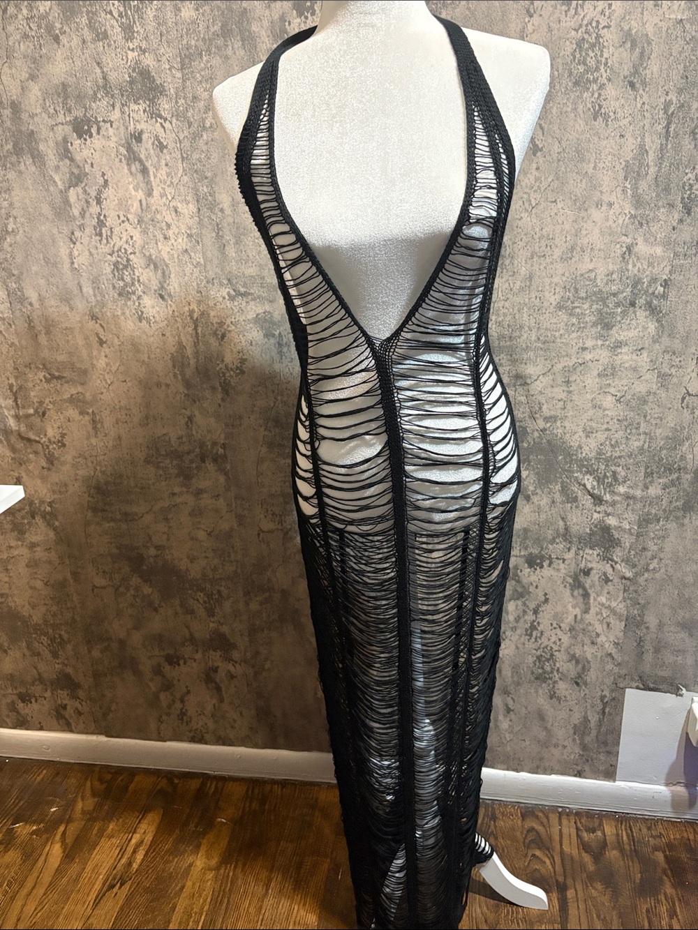 SHEIN Black Sheer Open-Weave Maxi Swim Coverup